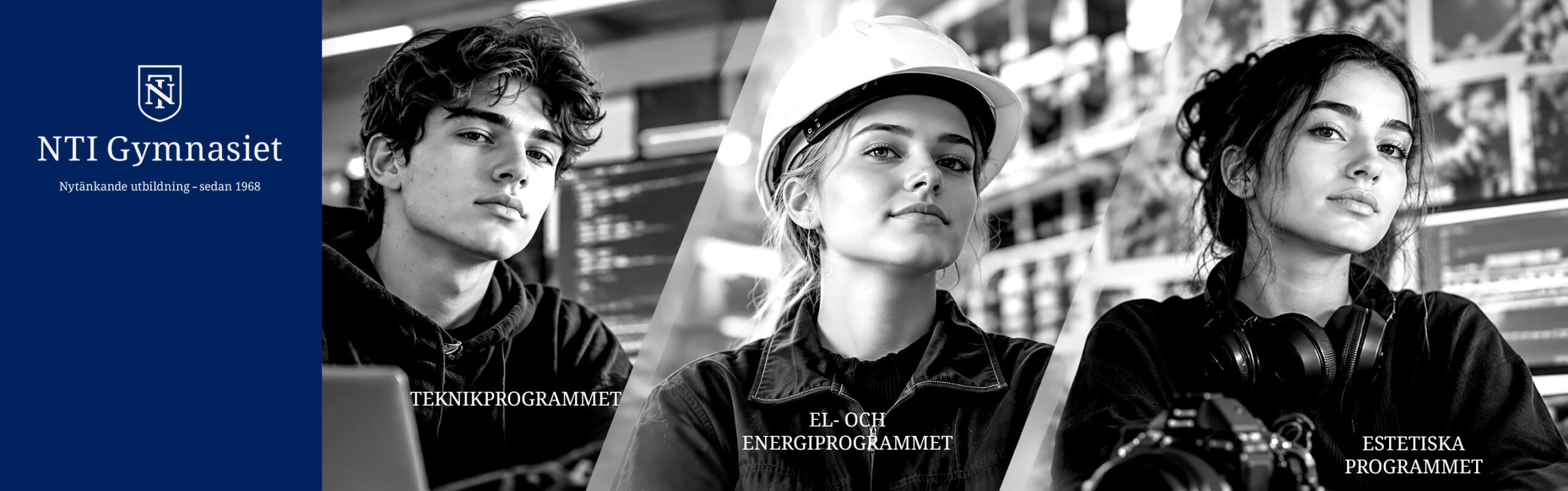 Banner för NTI med tre elever på bilden.