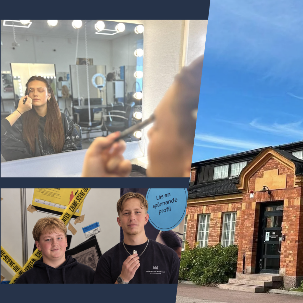 Kollage med bilder på elever och byggnad från Drottning Blankas gymnasieskola.