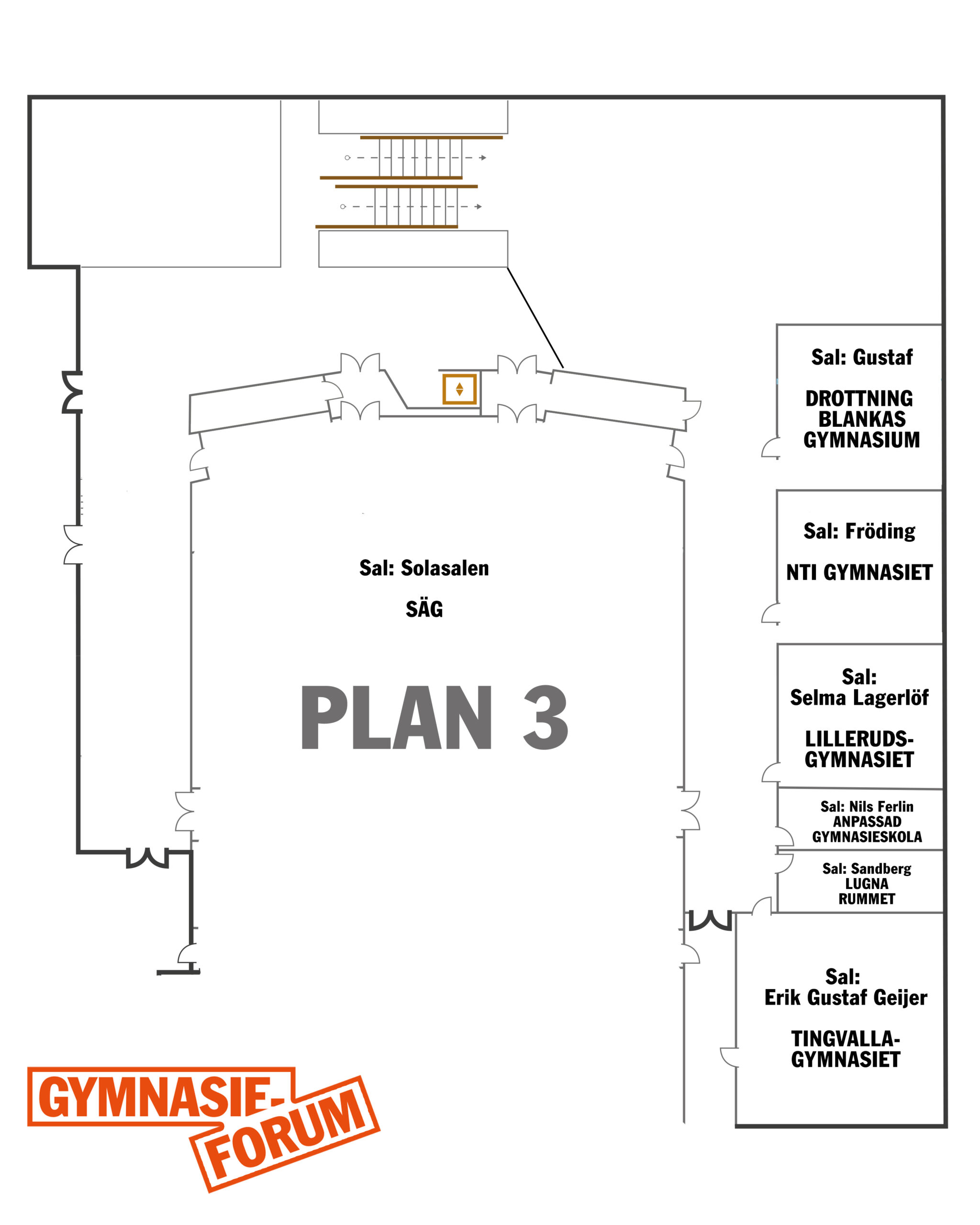 Översiktsbild på plan 3 med konferensrummen som gymnasieskolor är i.