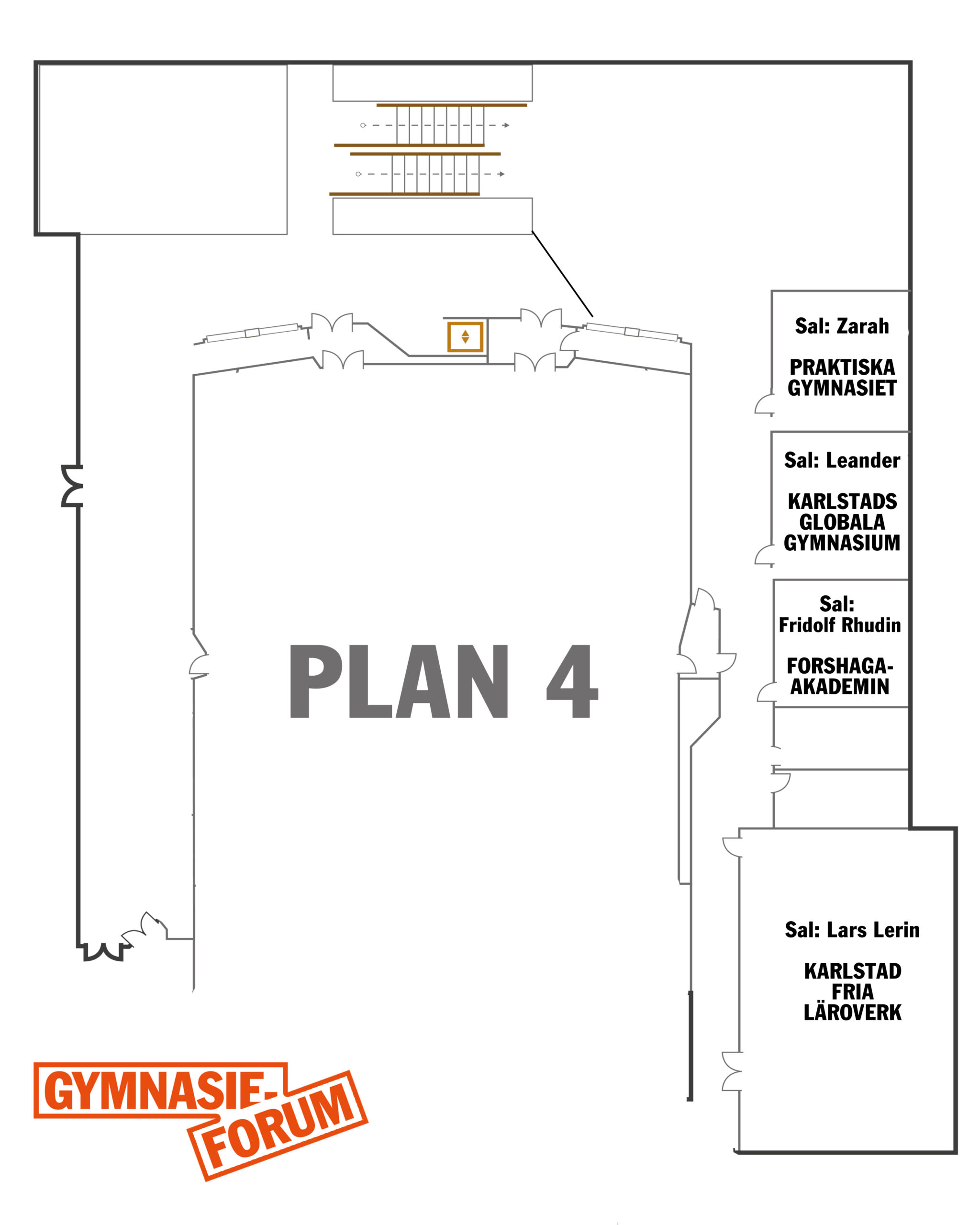 Översiktsbild på plan 4 med konferensrummen som gymnasieskolor är i.