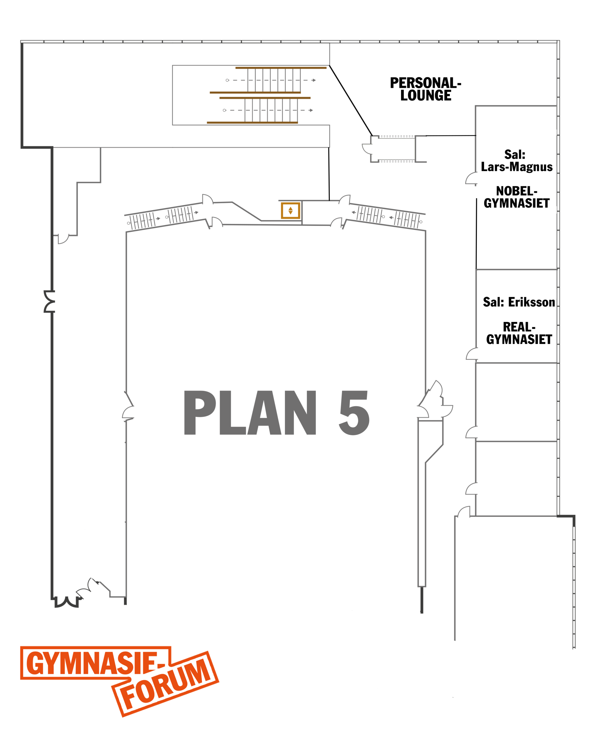 Översiktsbild på plan 5 med konferensrummen som gymnasieskolor är i.